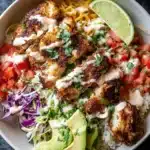 Crispy fish taco bowls with fresh toppings and lime