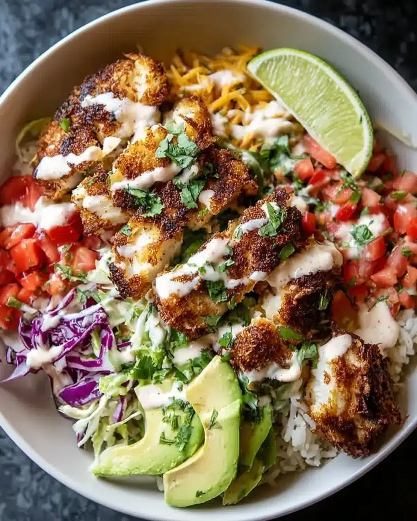 Crispy fish taco bowls with fresh toppings and lime