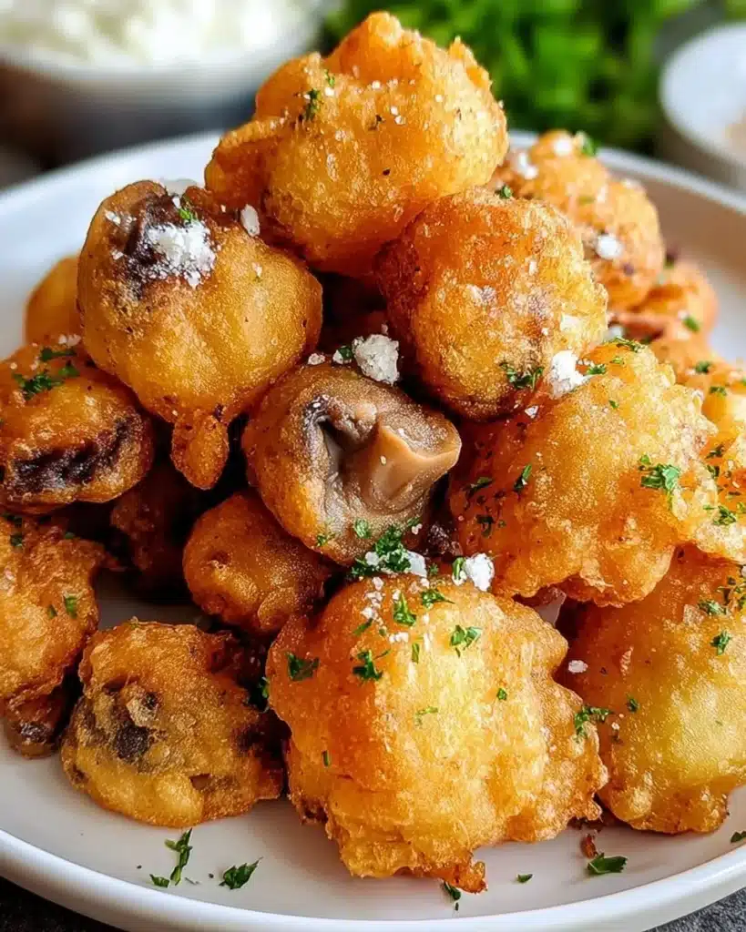 Plate of crispy fried mushrooms ready to be served