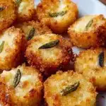 Crispy pickle cheese bites served on a plate, garnished with herbs.