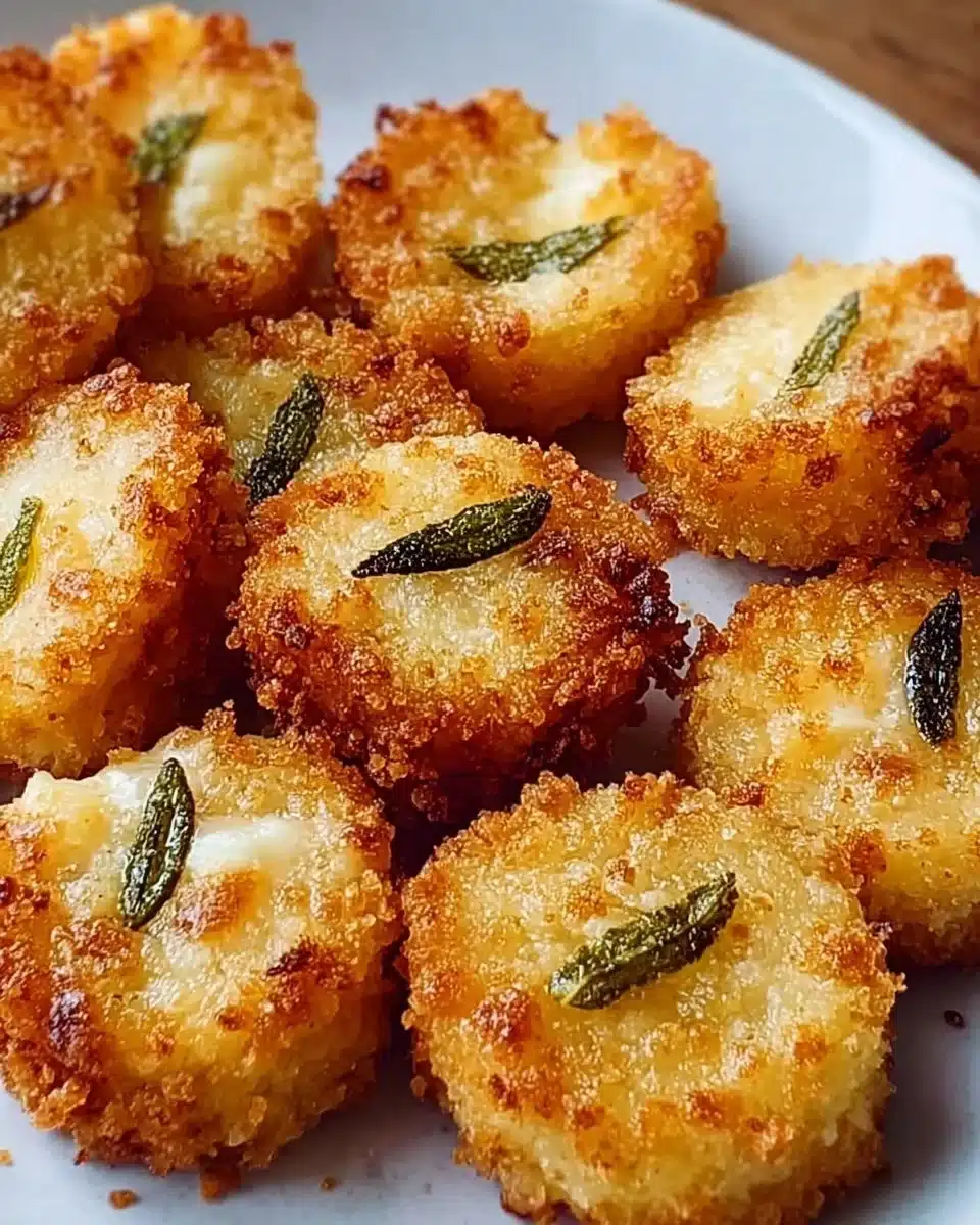 Crispy pickle cheese bites served on a plate, garnished with herbs.