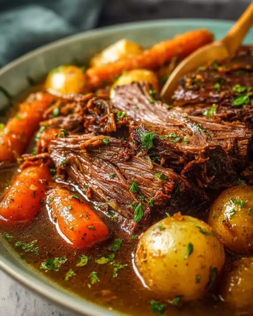 Deliciously cooked Crockpot Chuck Roast with vegetables and herbs