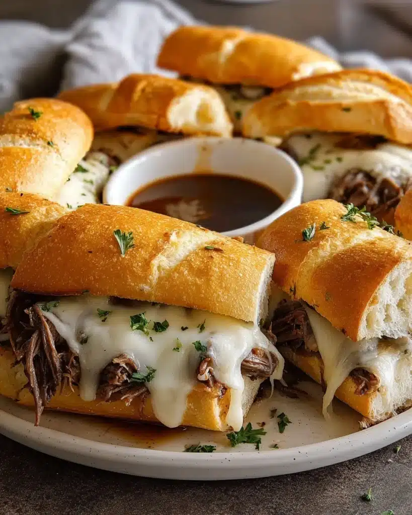 Delicious Crockpot French Dip Sandwiches served with dipping broth