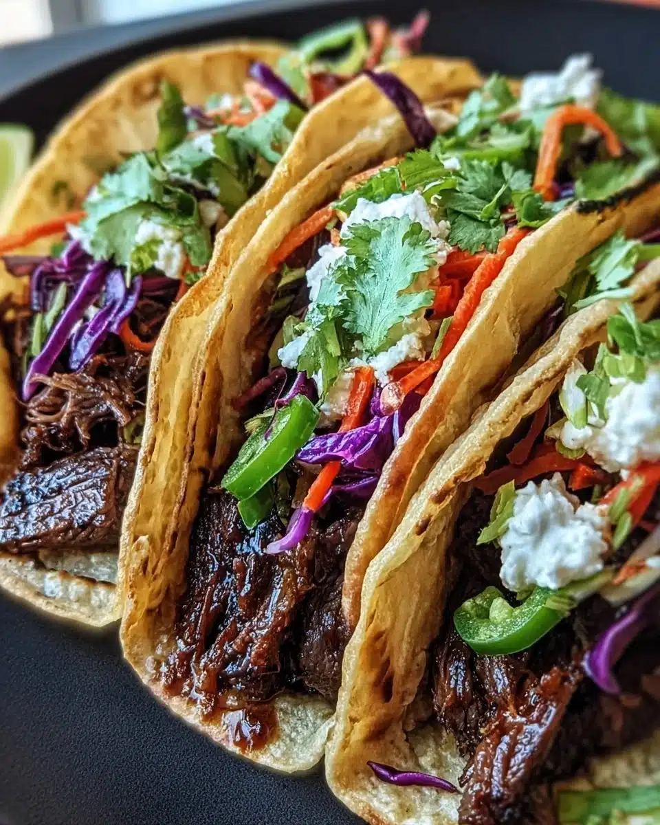 Delicious Crockpot Korean Beef Tacos topped with fresh ingredients