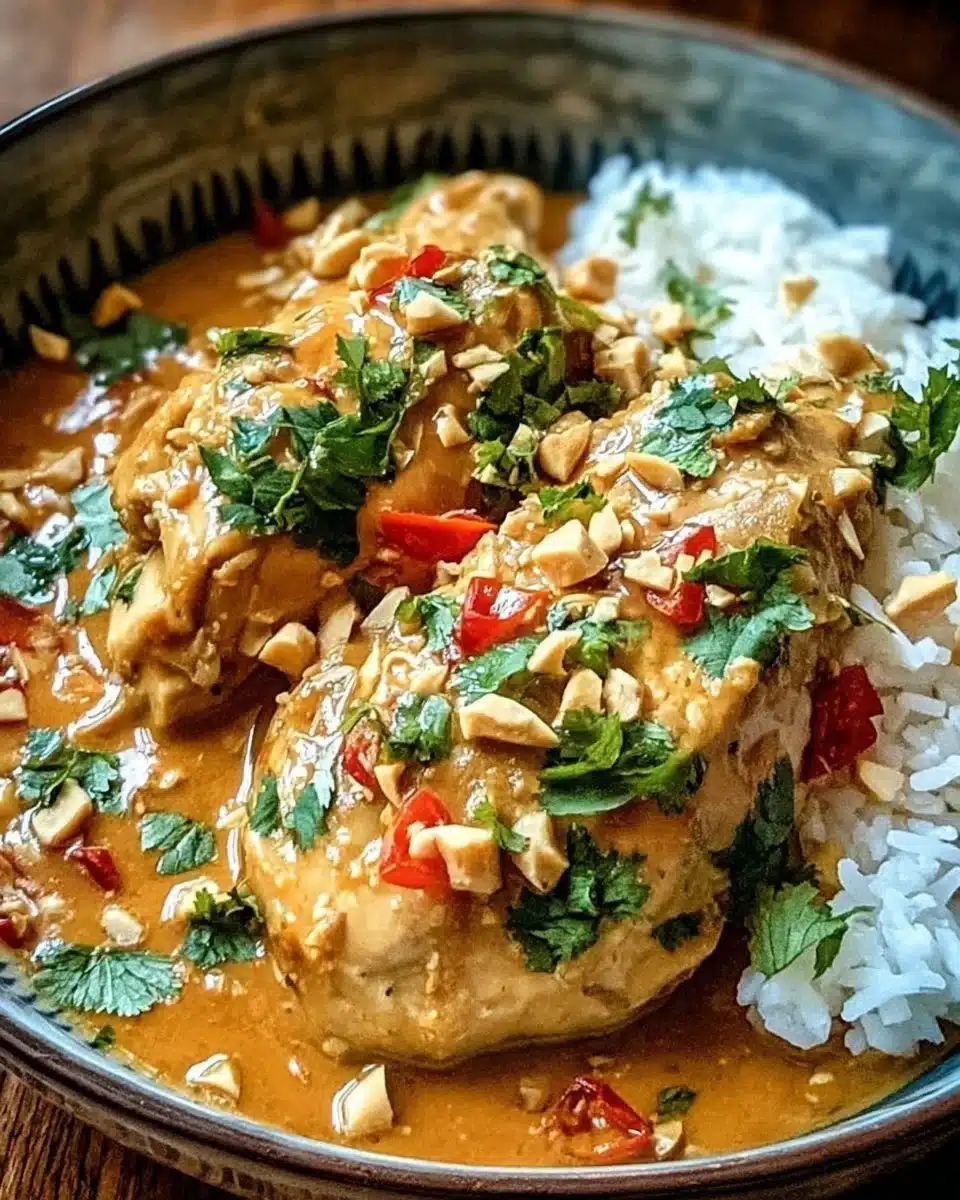 Crockpot Thai Peanut Chicken served with rice and garnished with chopped peanuts