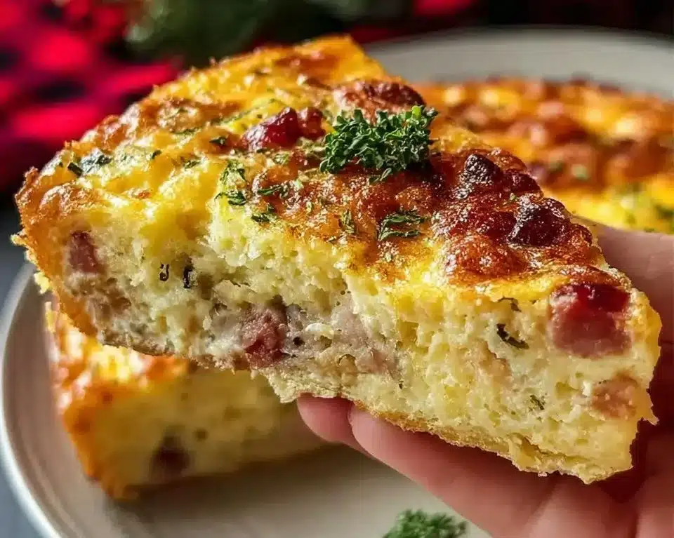 Delicious crustless quiche with vegetables and cheese, served on a plate.