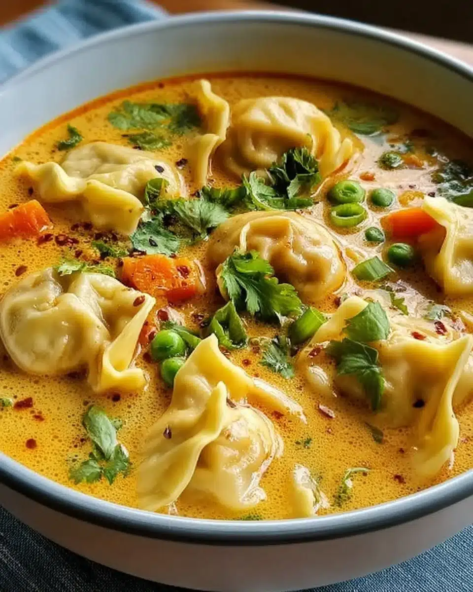 Bowl of curried coconut wonton soup garnished with herbs and spices