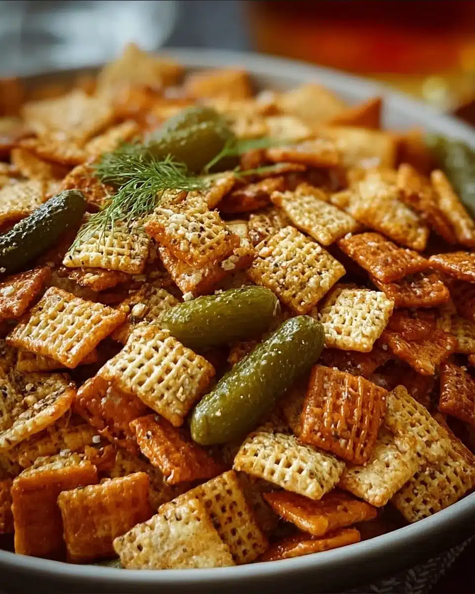 Bowl of homemade Dill Pickle Chex Mix with green pickles and crunchy snacks