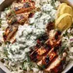 Delicious dump and bake chicken tzatziki rice dish served with fresh ingredients