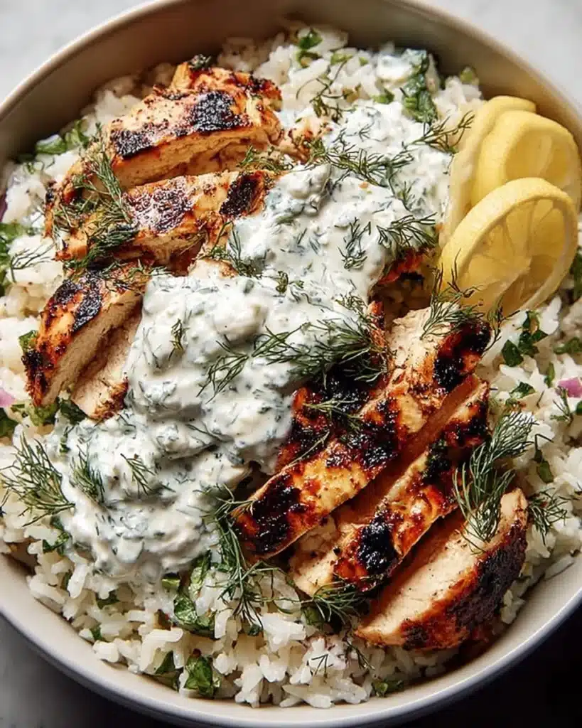 Delicious dump and bake chicken tzatziki rice dish served with fresh ingredients