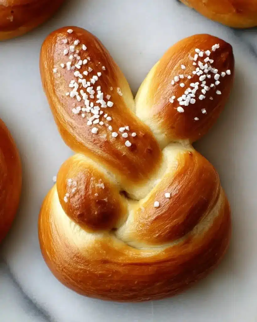 Easter Bunny shaped soft pretzels arranged on a festive platter