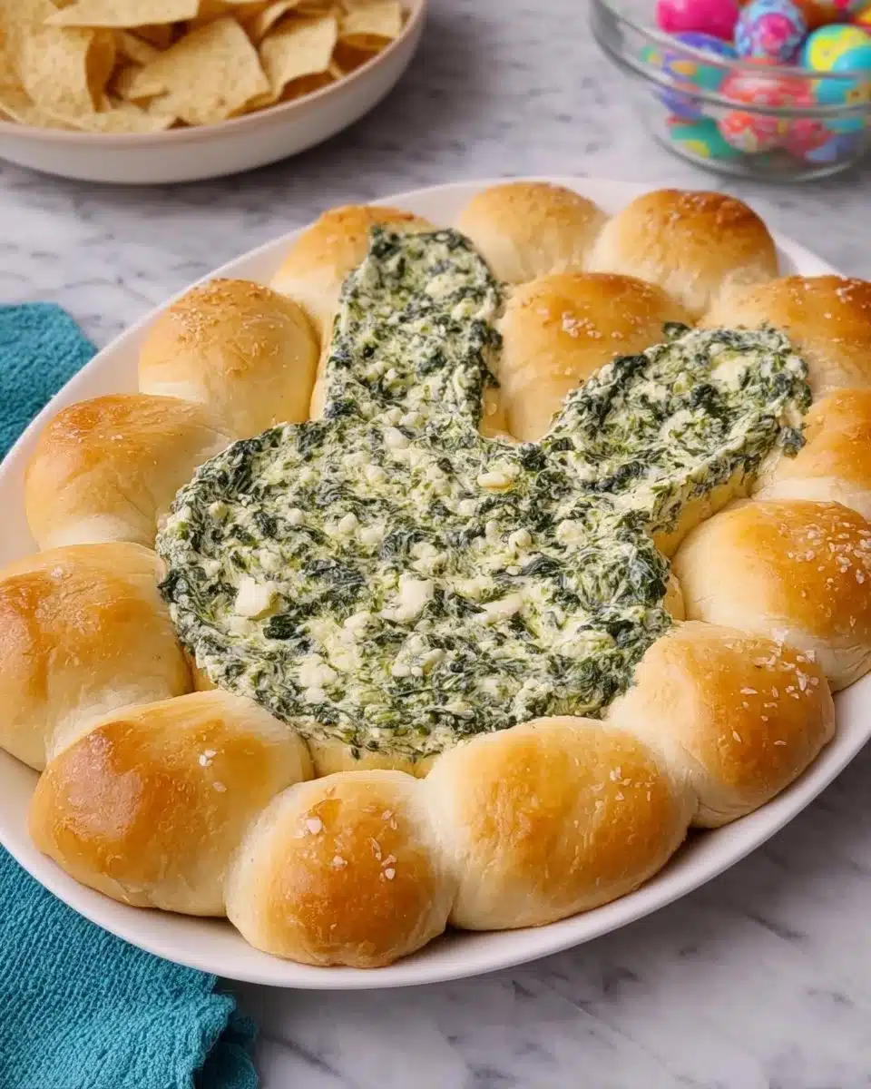 Easter Bunny Spinach Dip served in a decorative bunny-shaped bowl.