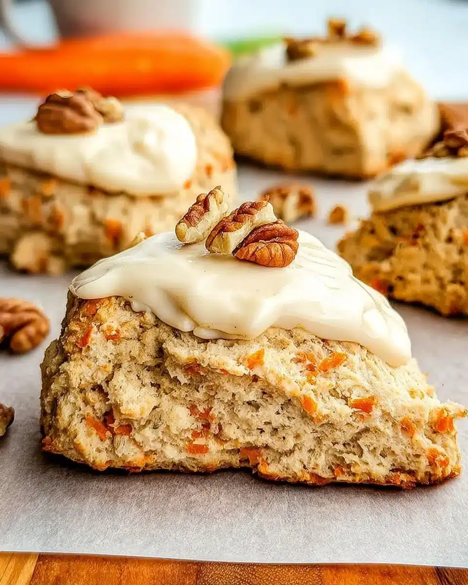 Easter Carrot Cake Scones with cream cheese frosting and decorative sprinkles