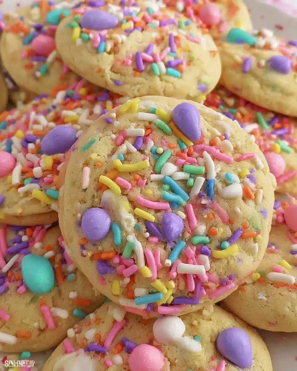 Colorful Easter cookies shaped like bunnies and eggs decorated with icing