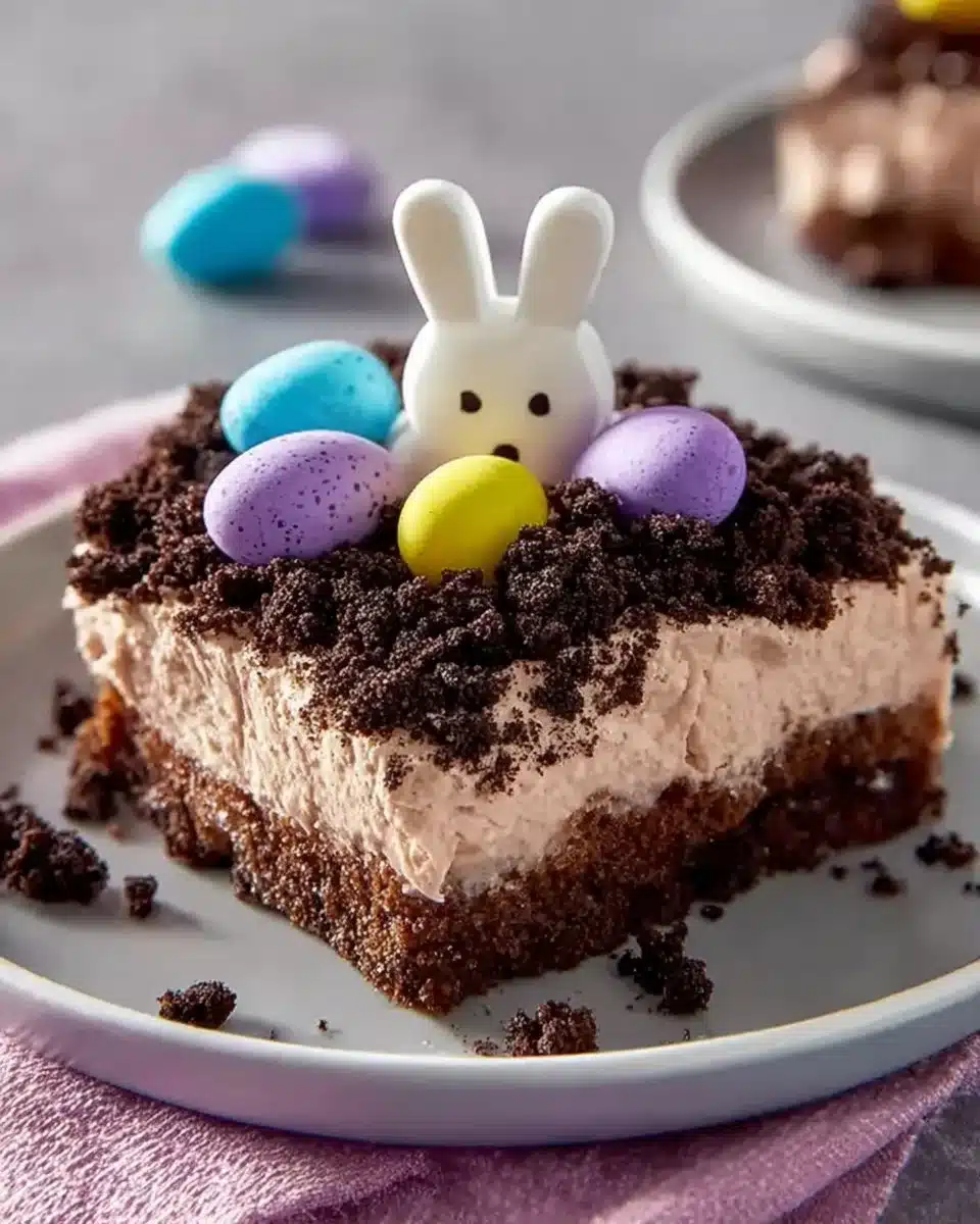 Easter Dirt Cake Casserole with chocolate and dessert toppings
