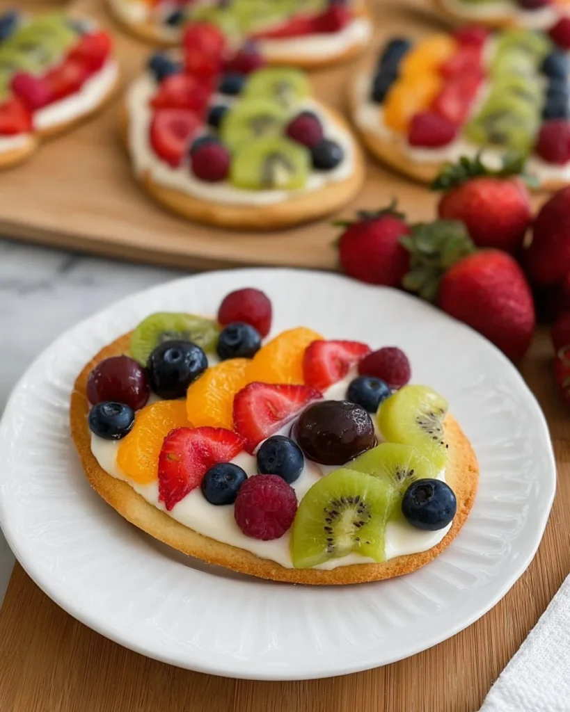Colorful Easter Egg Fruit Pizzas with assorted fruit toppings on a cookie base