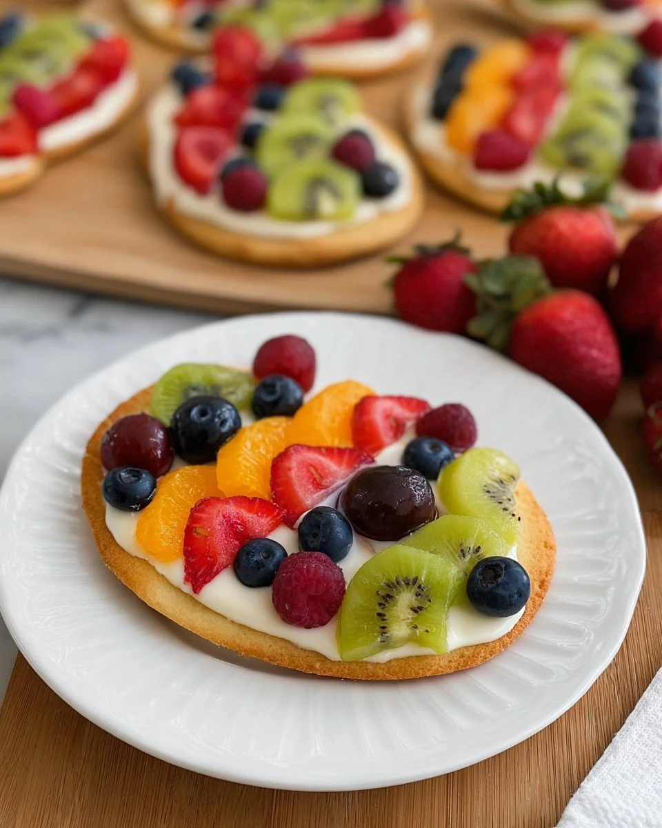 Colorful Easter Egg Fruit Pizzas with assorted fruit toppings on a cookie base