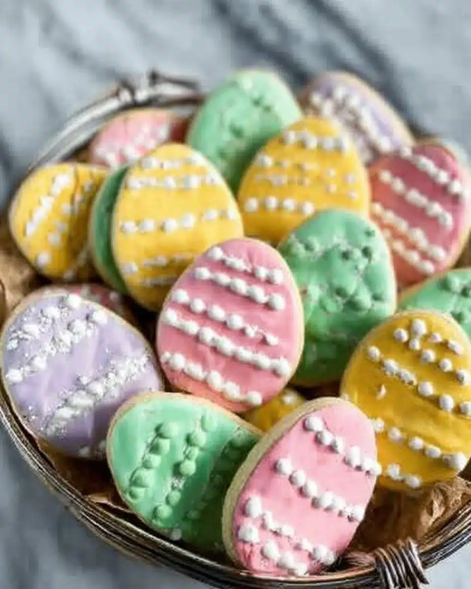 Colorful Easter Egg Sugar Cookies decorated for spring celebrations.