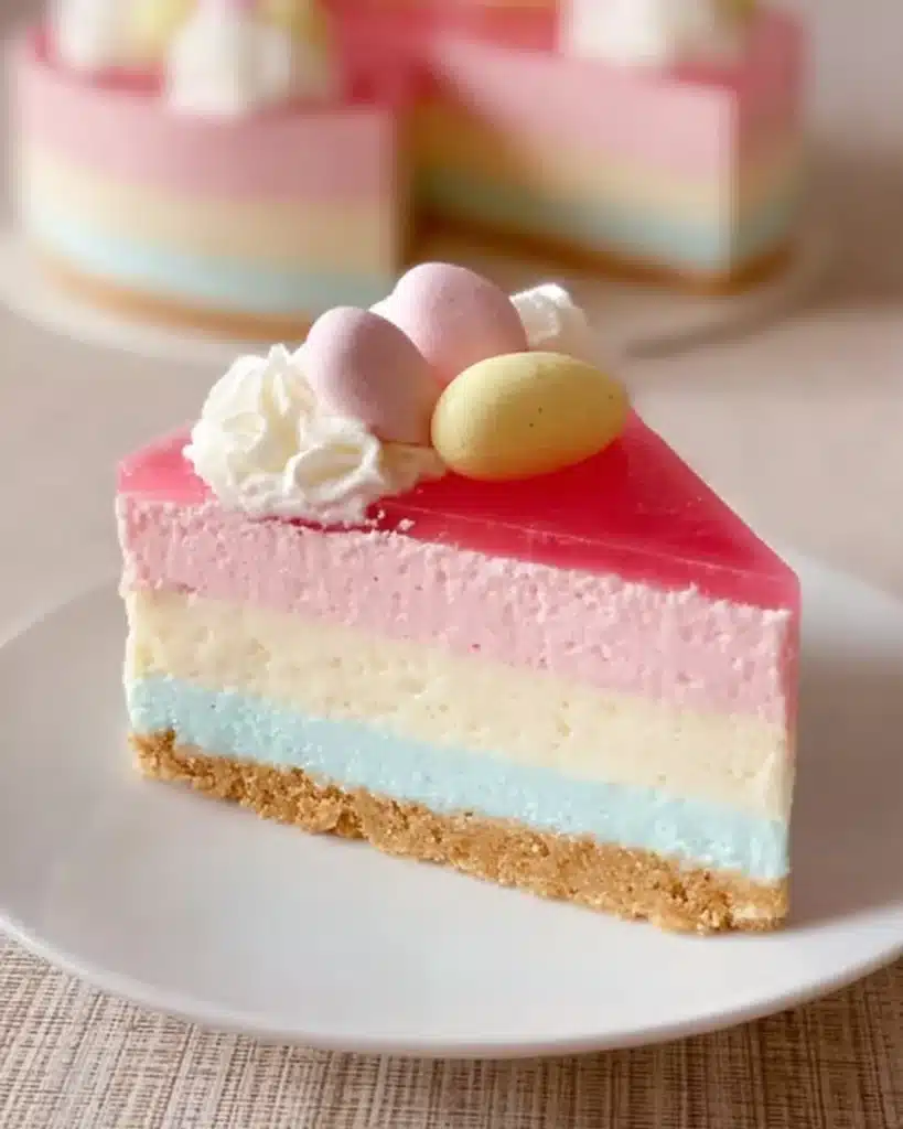 Easter JELLO cheesecake decorated with colorful jelly and whipped cream