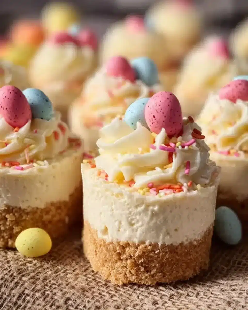 Colorful Easter No Bake Mini Cheesecakes topped with festive decorations