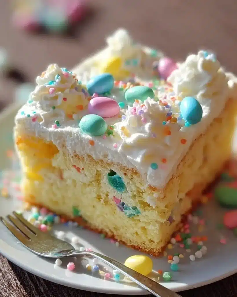 Easter Poke Cake decorated with pastel colors and festive toppings