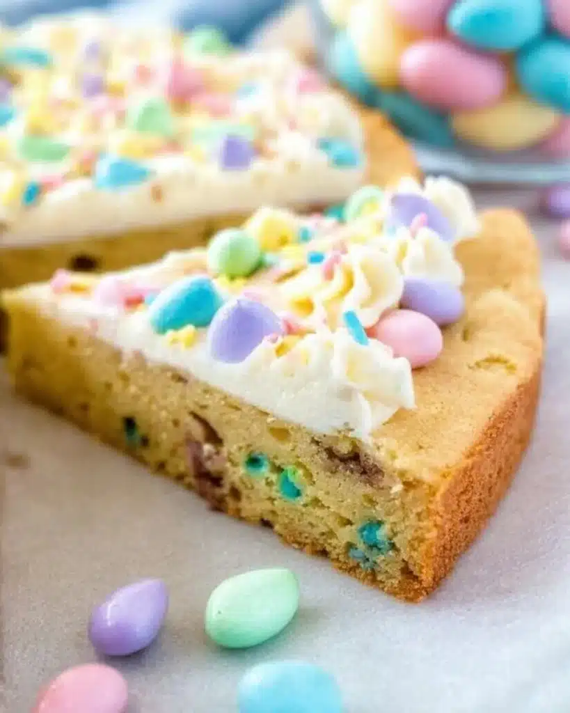 Easter Sugar Cookie Cake with colorful decorations and sprinkles