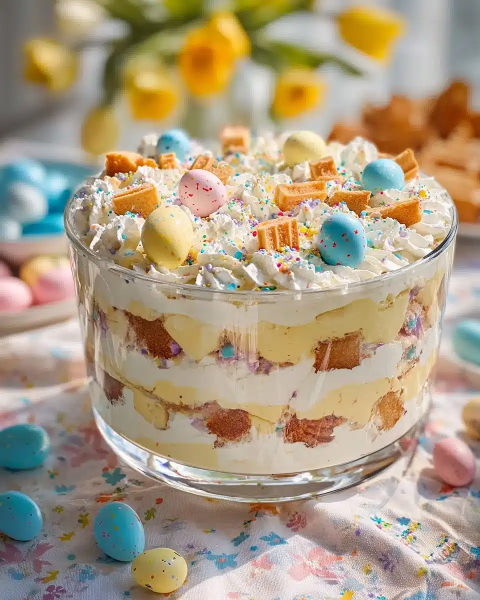 Colorful Easter Trifle dessert layered with fruit, custard, and whipped cream.
