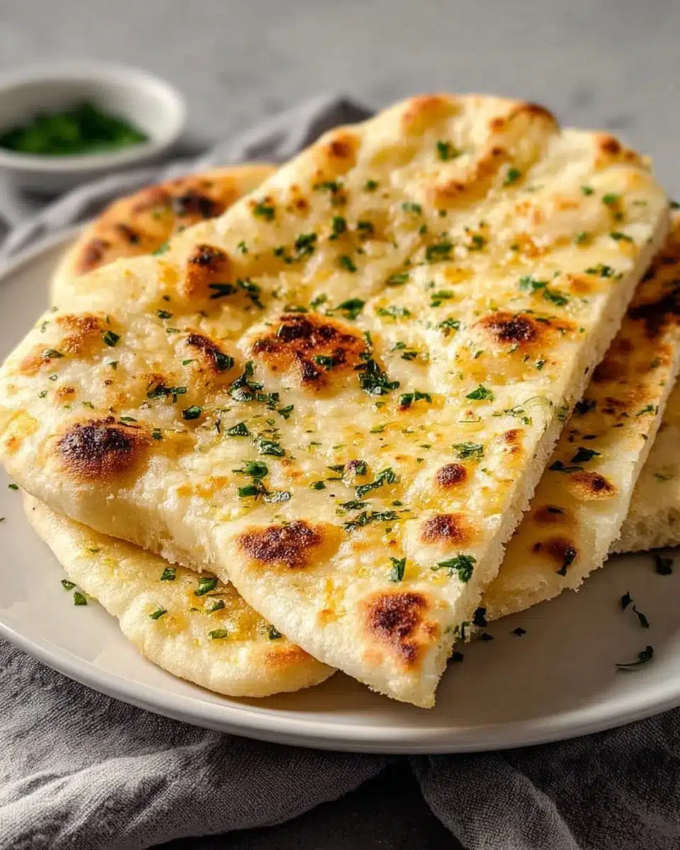 Freshly baked easy garlic flatbread topped with herbs and garlic