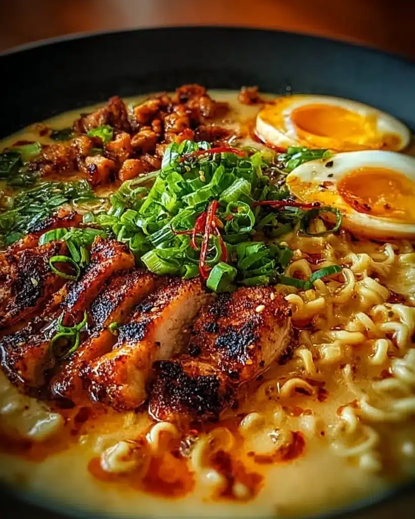 Fiery Chicken Ramen bowl with spicy broth and fresh toppings