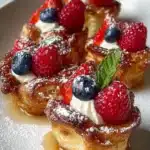 Delicious French Toast Cups served on a plate with syrup and fruit