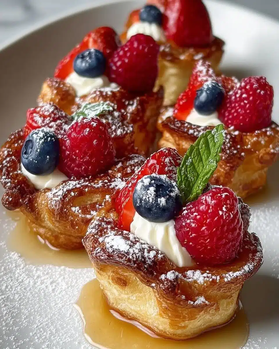 Delicious French Toast Cups served on a plate with syrup and fruit