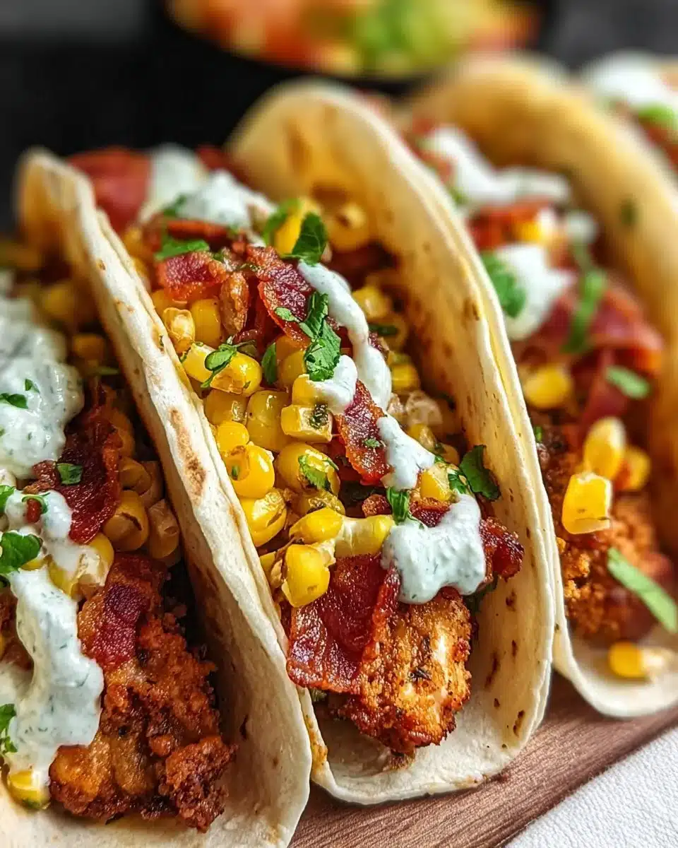 Delicious fried chicken street corn tacos topped with fresh ingredients