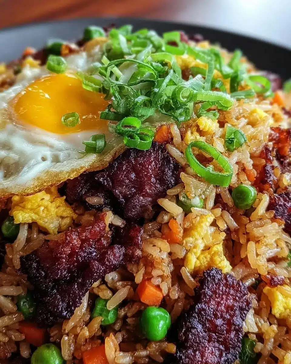 A bowl of colorful fried rice with vegetables and shrimp.