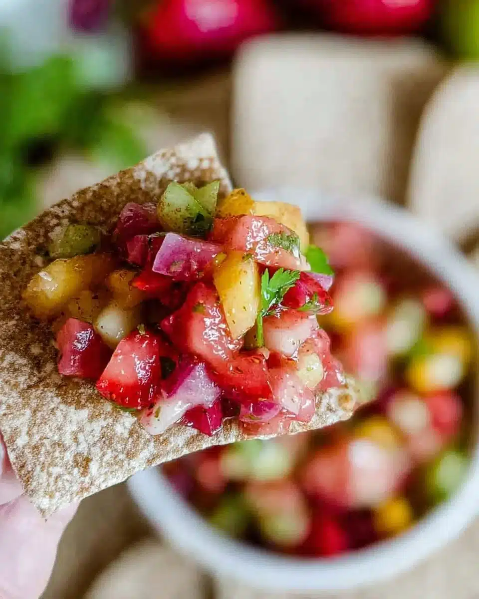 Colorful fruit salsa served with crispy cinnamon chips