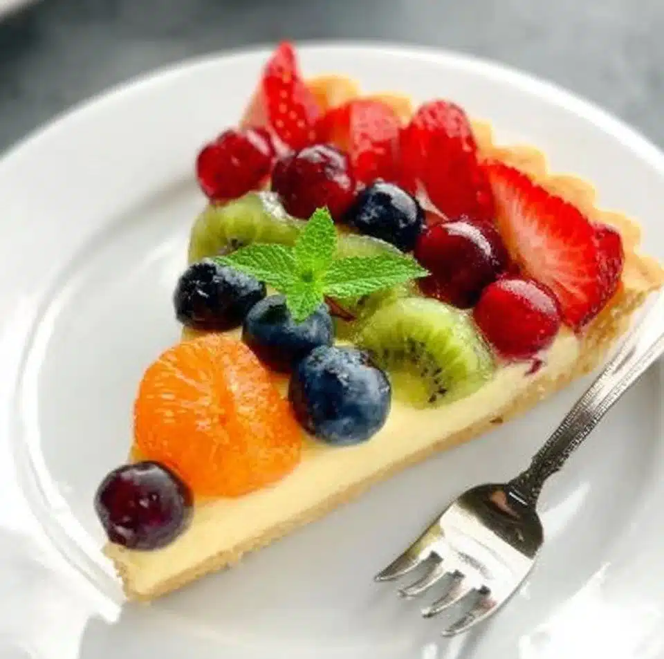 Delicious homemade fruit tart topped with fresh fruits and vanilla custard