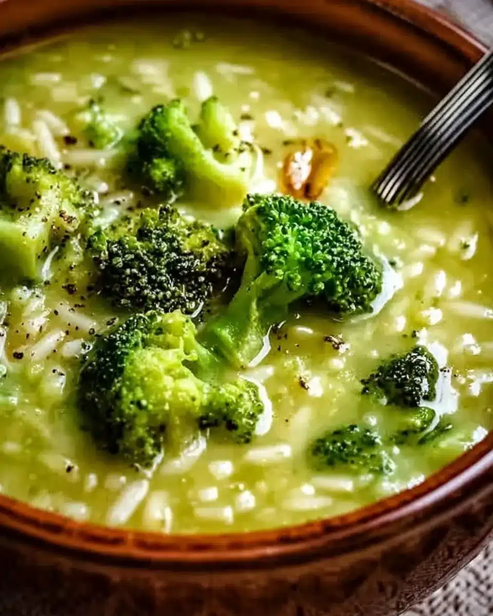 A bowl of Garlic Italian Broccoli Soup garnished with fresh herbs.