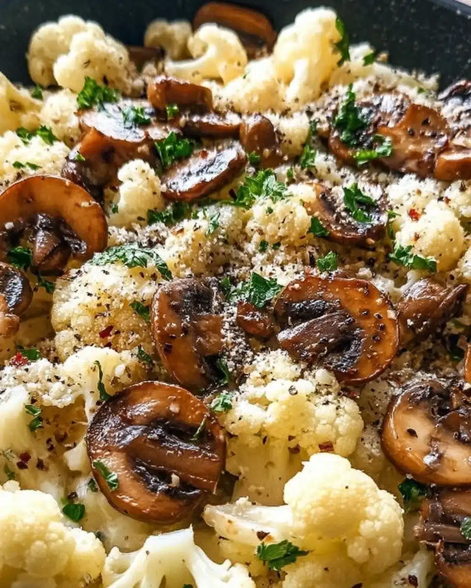 Garlic Mushroom and Cauliflower Skillet sautéed in a skillet