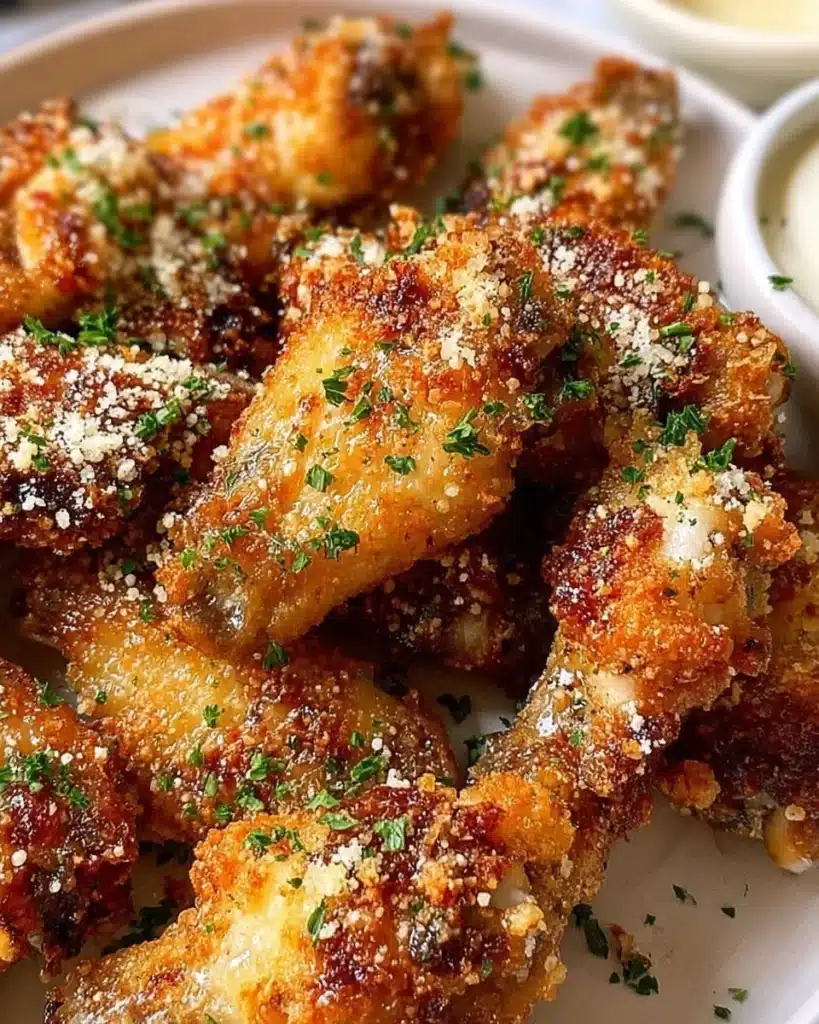 Delicious Garlic Parmesan Chicken Wings garnished with herbs