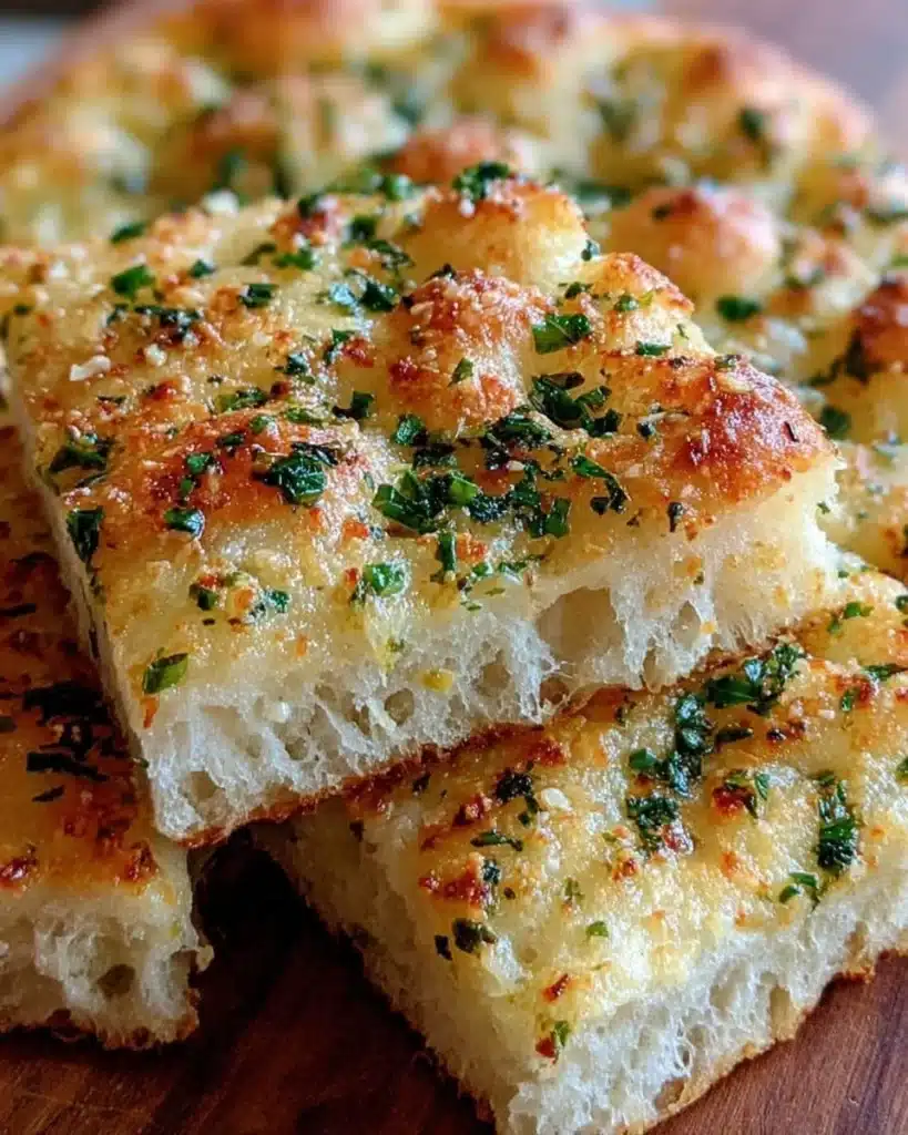 Freshly baked Garlic Parmesan Focaccia bread topped with garlic and parmesan.