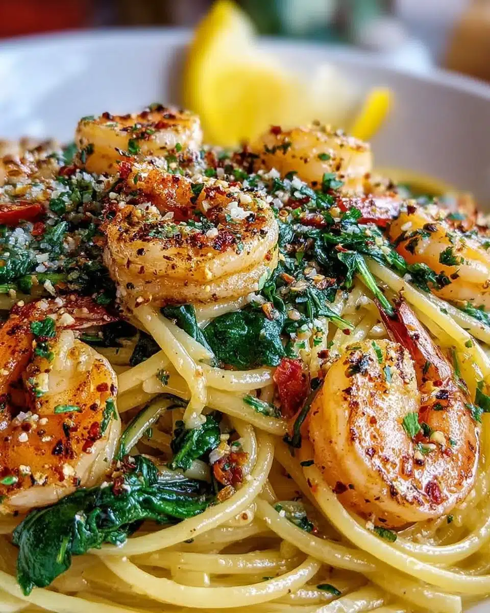 Garlic Shrimp served with Spinach Linguine in a delicious pasta dish