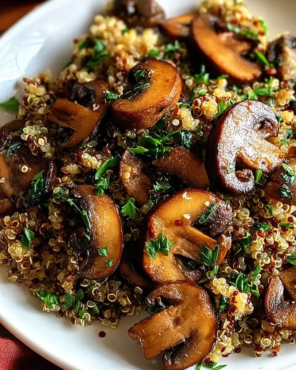 Plate of garlicky mushroom quinoa garnished with fresh herbs