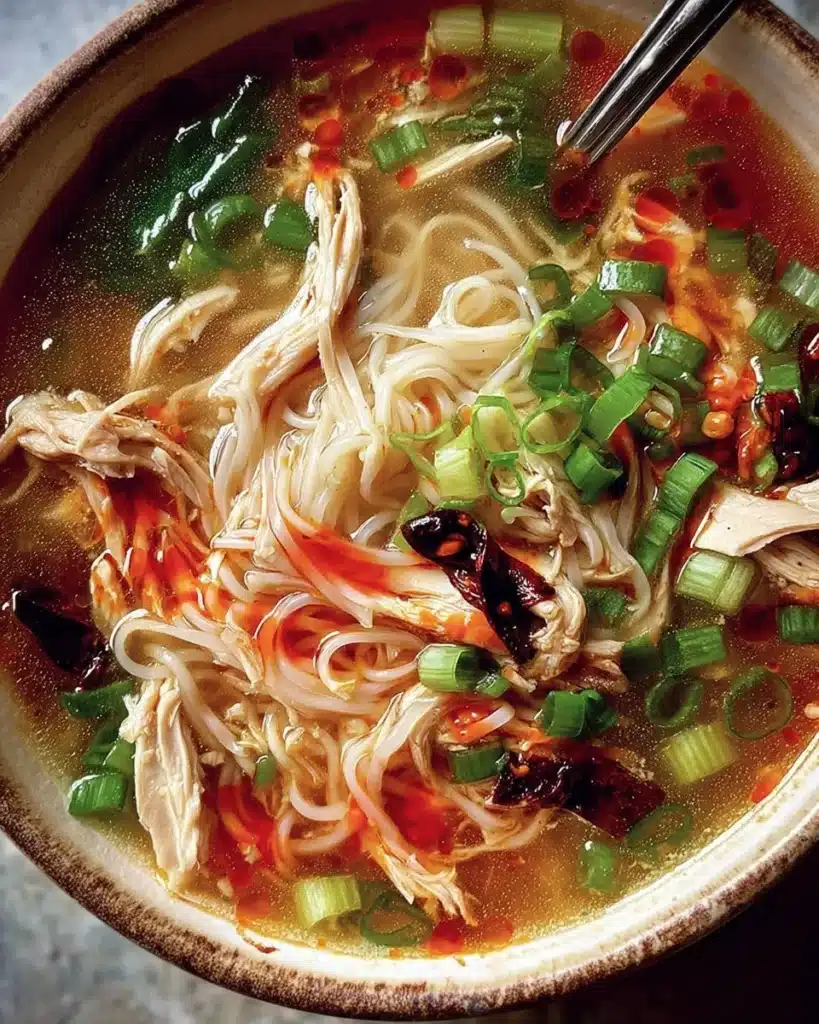 Bowl of Ginger Garlic Chicken Noodle Soup with fresh herbs and spices.