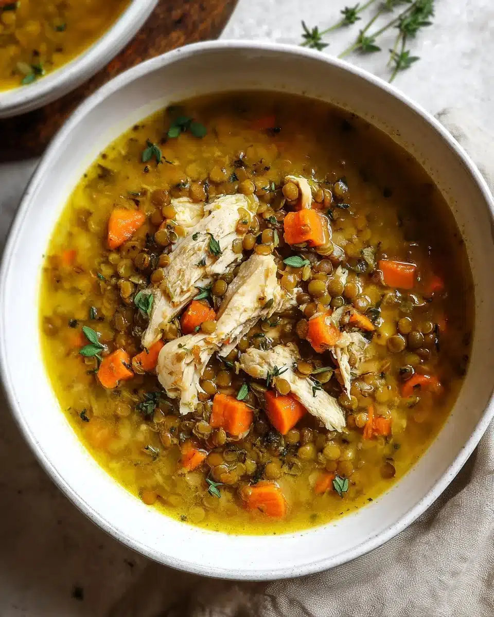 Golden Chicken and Lentil Soup in a bowl garnished with fresh herbs