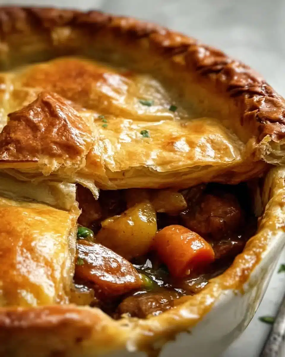 Golden Irish Stew topped with Puff Pastry in a rustic bowl