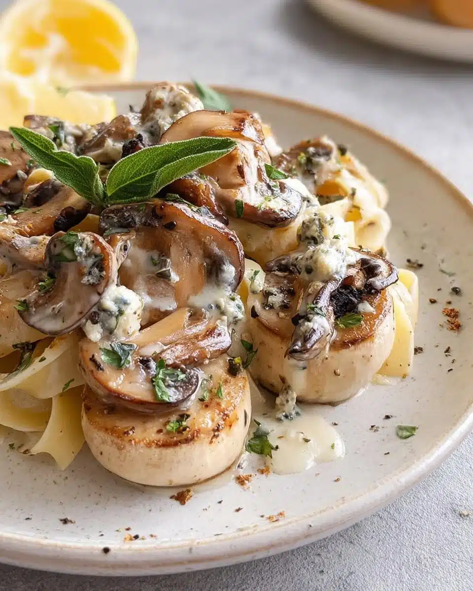 Gorgonzola truffle cream mushrooms served in a rustic bowl, garnished with herbs.