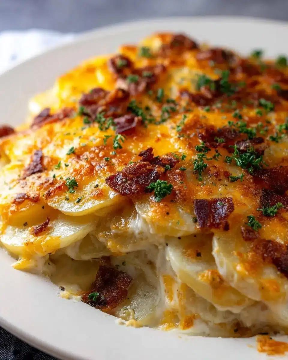 Deliciously baked Gratin Potatoes with creamy cheese and crispy topping