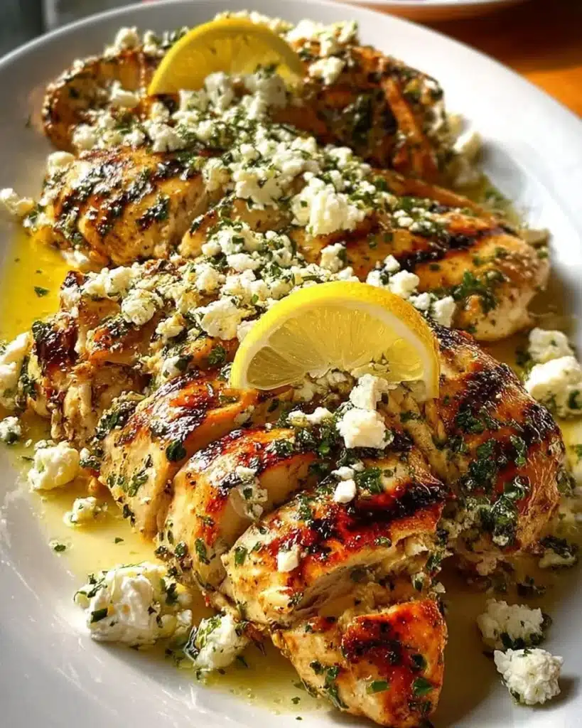 Greek Chicken Lemon Feta dish garnished with fresh herbs and lemon slices