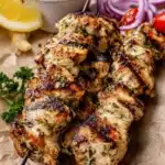 Marinated Greek Chicken Skewers ready for grilling