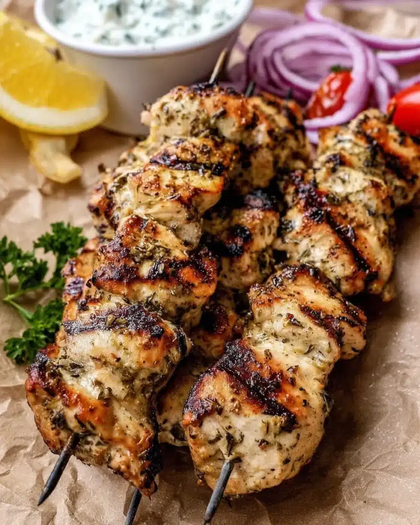 Marinated Greek Chicken Skewers ready for grilling
