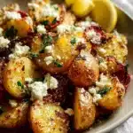 Delicious Greek Feta Roast Potatoes served in a dish